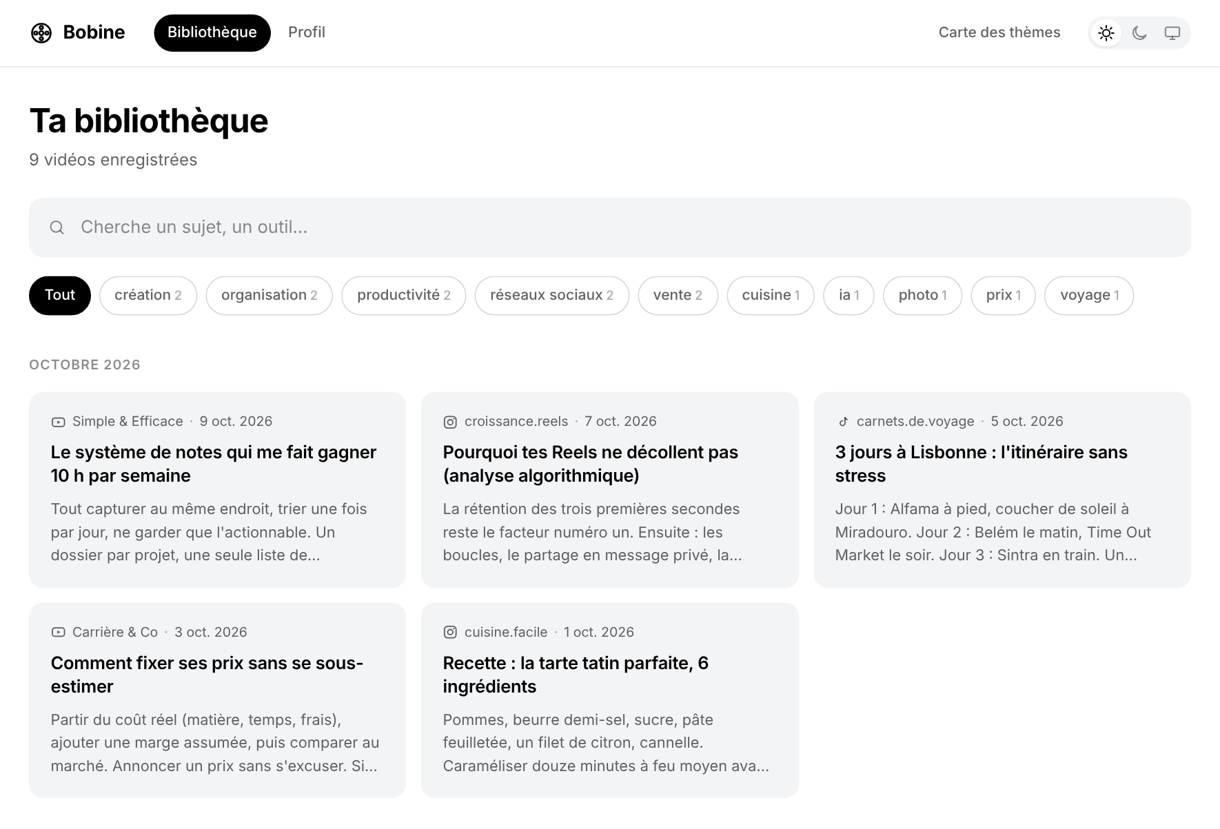 La bibliothèque Bobine : recherche instantanée, filtres par thème, une carte par vidéo.